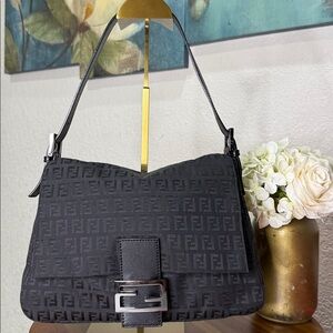 Fendi Black Zuchinno Fabric and Leather Mama Baguette Shoulder Bag